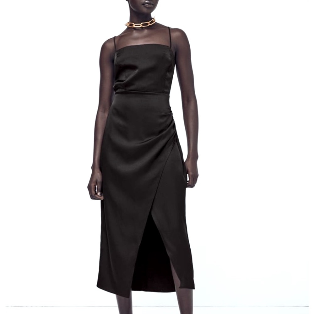 ZARA Satin Cut Out Ruched Dress Black XS NWOT